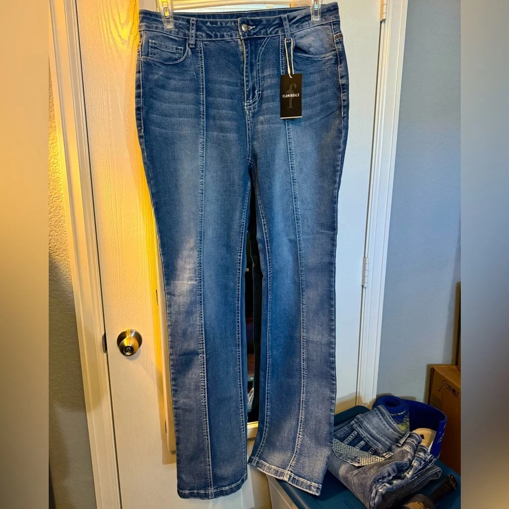 Classic Blue Denim Flamingals Boot Cut Jeans - Picture 1 of 7